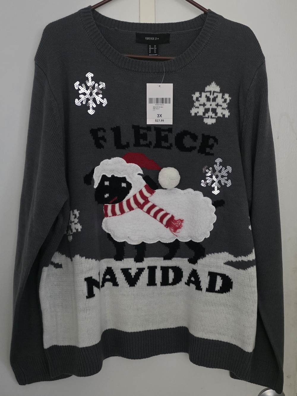 Forever 21 Gray Fleece Navidad Holiday Crewneck Sweater with Red Accents